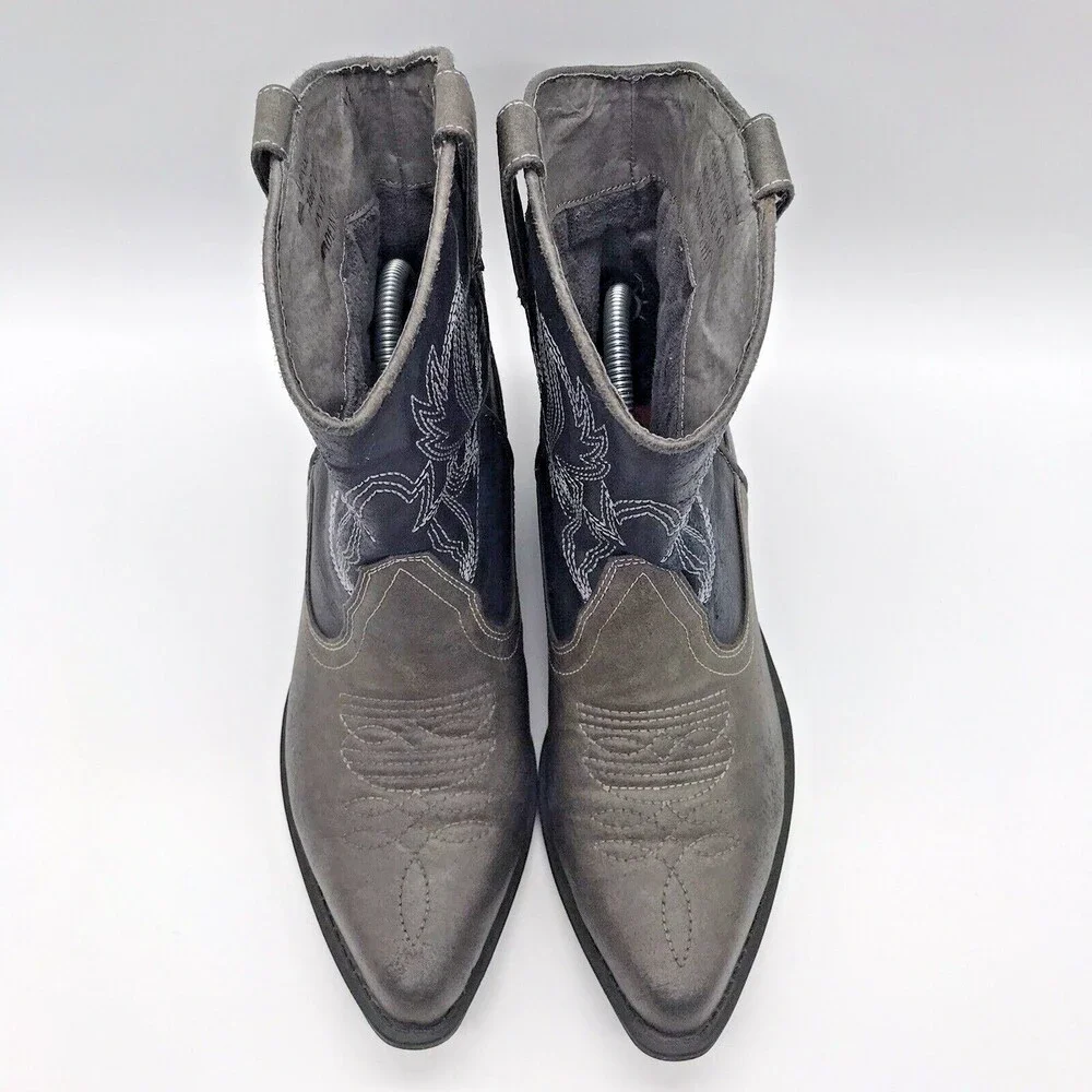 London Rebel Black Gray Embroidered Faux Leather Western Ankle Boots Women's 6M